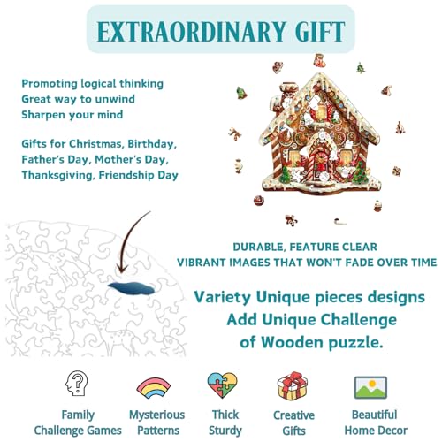 Wooden Puzzles Adults, Christmas Gingerbread House Wooden Puzzles 100 Pieces, Unique Animal Shaped Wood Challenging Jigsaw Puzzles Gifts for Adults, 8.4x8.3in - color: Christmas Gingerbread House, size: Small