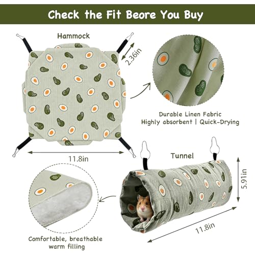Guinea Pig Hammock and Tunnel Set, 2-in-1 Cage Bed and Hideout | 3-tier bed, padded tunnel, removable metal hooks; washable linen set for ferrets, rats, chinchillas and small pets - color: Avocado