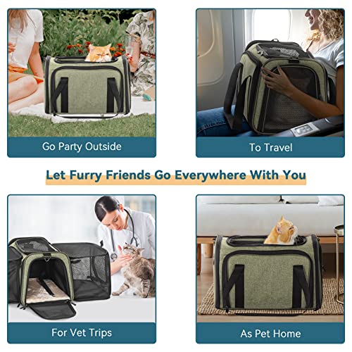Petsfit Pet Carrier Airline Approved, Cat Carrier with Locking Zipper and Shoulder Strap, Storage Pockets, Expandable Pet Carrier Small Dog Carrier up to 15 Pounds Army Green M - color: Green, size: 17.0"L x 11.0"W x 11.0"H