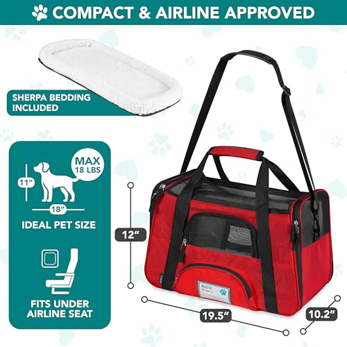 PetAmi Airline Approved Pet Carrier for Cats & Small Dogs, Large, Red | Soft Sided TSA Travel Bag, Sherpa Bed, Breathable Mesh Ventilation, Collapsible Bowl, Fits Under Seat, Up to 18 lbs - color: Red, size: Large - 19.5"L x 10.2"W x 12"H