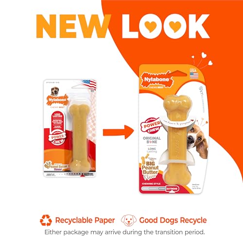 Nylabone Power Chew Classic Bone Chew Toy for Dogs, Durable Dog Toys for Aggressive Chewers, Peanut Butter Flavor, Medium/Wolf - Up to 35 lbs. (1 Count) | Durable chew toys, long lasting, flavor throughout, discourages destructive chewing, keeps dogs busy