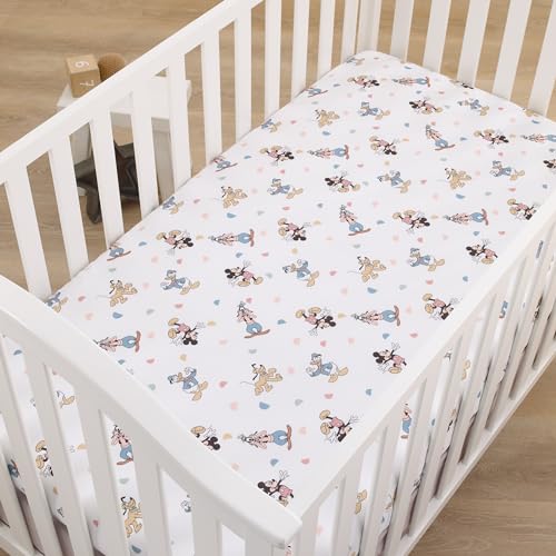NoJo Disney Mickey Mouse Light Blue, White, and Tan Donald Duck, Goofy, and Pluto Super Soft Nursery Fitted Crib Sheet - color: Mickey Mouse - Blue and Tan, size: Crib