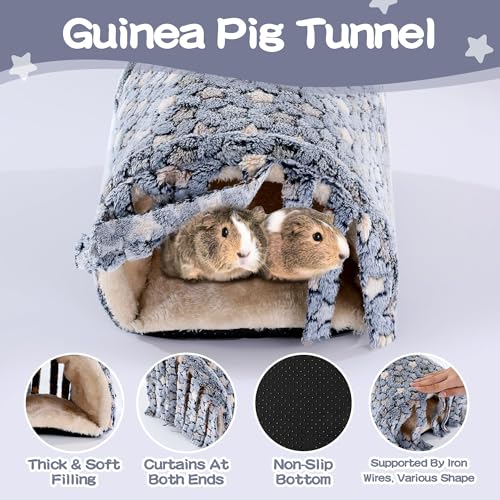3 Pack Guinea Pig House Accessories, Washable 2 Guinea Pig House and Hideout Tunnel with Curtains, Chinchilla Hideout for Hamster, Rabbit, Bunny, Chinchillas (Blue-Star) - color: Blue-Star