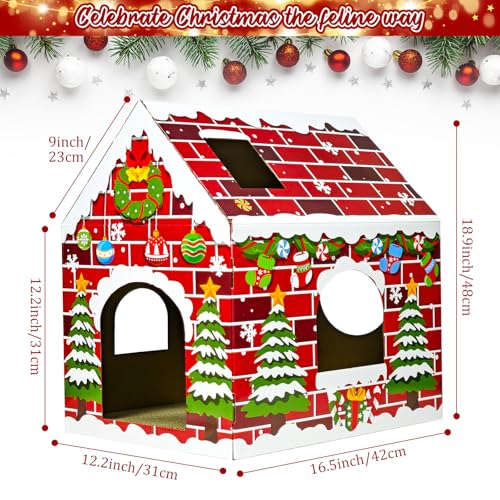 Cinrobiye Christmas Cardboard Cat House with Scratcher Pet Gingerbread Board Bed Cave Playhouse Hideaway Hideout Condo Decor Small Animals Scratch Box for Indoor Cats Kittens Rabbits Bunny (Red, 1) - color: Red
