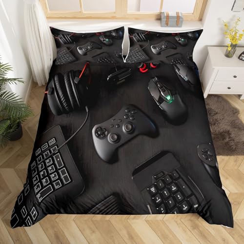 Modern Gamepad Bedding Set, Boys Youth Video Game Controller Mouse Keyboard Headphone Gaming Equipment Comforter Cover, Decorative 3 Piece Duvet Cover With 2 Pillow Shams, King Size, Red Black White