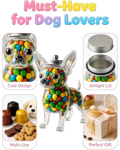 Chihuahua Candy Jar, Cute Airtight Dog Snack Container for Cookies, Candy, Coffee Pods, Pet Treat Jar, Cookie Jar with Lid, Large Animal Shaped Food Storage Kitchen Canister, Pet Lovers Gift