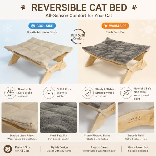 JSPYFITS Elevated Cat Bed Hammock, Raised Cat Bed with Dual-Sided Plush & Linen Cushion, Machine Washable & Breathable Cover Tool Free Easy Assembly, up to 66Lbs (Gray) - color: Cozy Grey