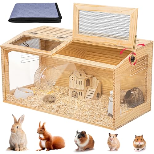 Hamster Cage 40" Chewproof Wooden, 270° View Acrylic Pet Habitat | Panoramic Large Habitat, Bite-Proof Mesh & Top Dual Access Doors, for Syrian/Dwarf Hamsters, Guinea Pigs, Chinchillas - size: 40.0"L x 20.0"W x 20.0"H