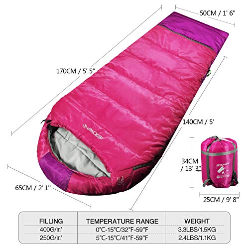 REDCAMP Kids Mummy Sleeping Bag for Camping, 3 Season Cold Weather Sleeping Bag Fit Boys,Girls & Teens, Blue/Rose Red - color: Pink with 3.3lbs Filling