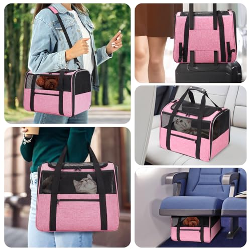JUNGYOUN Premium Cat Carrier - Pet Carrier for Cat & Small Dogs up to 15lbs - Airline Approved Travel Dog Carrier with Anti-Escape Zippers, Collapsible Travel Bowl & Padded Strap - color: Pink, size: 17.5"L x 12.4"W x 13.5"H