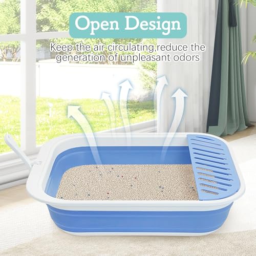 Fhiny Kitten Litter Box Portable Shallow Litter Box 17.7"x13.4"x4.9" Foldable Cat Toilet with Scoop Open Kitty Potty Pan with Litter Drop Pedal Easy to Clean Travel Kitten Toilet(Blue) - color: Blue-M
