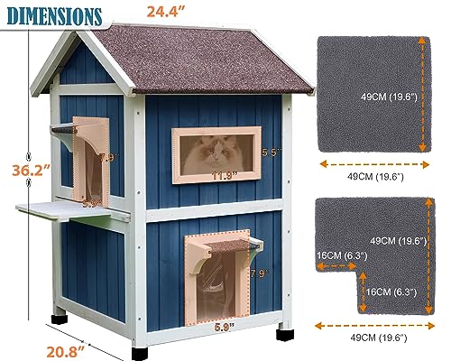 Rockever 2-Layer Outdoor Cat House with Soft Mat, Weatherproof Cat Shelter | Weatherproof blue wooden shelter with escape door, roomy resting spaces and secure protection for feral and outside cats