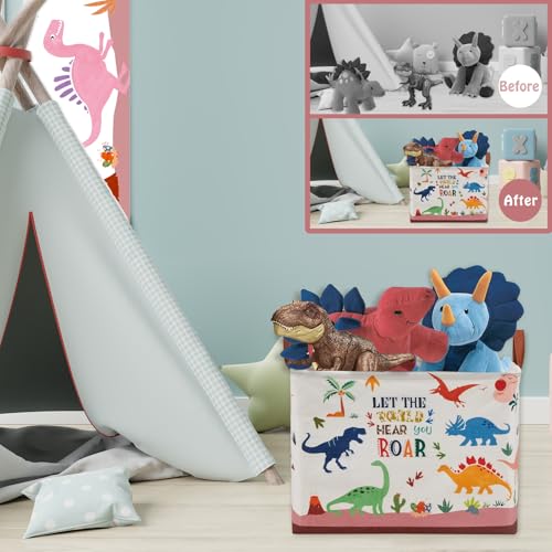 Dinosaur Room Decor Basket for Boys, 36L Volcano Baby Laundry Basket Leaf Cactus Kid Storage Bin Rectangular Collapsible Clothes Book Toy Bin for Boy,Pink Easter Gift - color: Pink