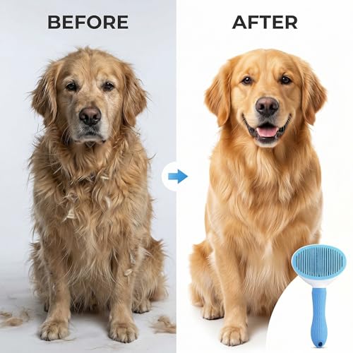 Self Cleaning Pet Grooming Brush for Dogs & Cats – Deshedding Slicker Brush with Hair Removal Button, Gentle Skin Safe with Free Comb