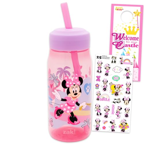 Disney Minnie Mouse Water Bottle for Girls - Bundle with 16 Oz Minnie Mouse Water Cup with Straw, Stickers, and More Cups for Kids