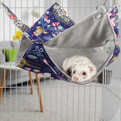 Litewoo Rat Ferret Hammock Hanging Small Animal Hammock Toy Warm Pet Bunk Bed Cage Accessories for Small Animals Ferret Guinea Pig Chinchilla Sugar Glider Hamster Squirrel Parrot Bird(BLUE DEER,SMALL) - size: Small
