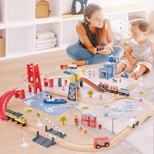 Giant bean 117 Pcs Busy Port City Wooden Train Set for Kids | Expandable & Changeable Wooden Train Track Set Toy, for Boys & Girls Ages 3-14 - color: 117pcs City Train Set