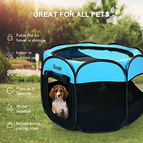GOOZII Dog Playpen Portable Collapsible, Indoor Outdoor Pet Puppy Exercise Playpens Case with Zipper Door Top Cover Floor for Large Cat Rabbit Travel Camping (Small Size, Black/Blue) - color: Blue, style: S [29" x 29" x 17"]