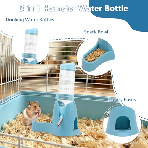 Litewoo 3 in 1 Hamster Water Bottle Small Animal Water Bottle with Food Container Base Hut Hanging Pet Automatic Feeding Drinking Dispenser for Dwarf Hamster Rats Mouse Gerbil Mice - color: Blue, size: 125ml