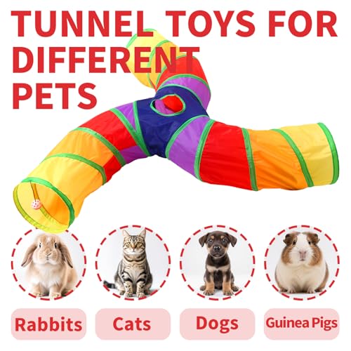 Pet Cat Tunnel, 3 Way Tunnels for Indoor Cats, Collapsible Pet Tunnel for Kitten, Puppy, Rabbit, 25cm-Wide Tunnels, Durable & Breathable, with Peek Hole Toy Ball - color: Angled 3-way Junction Tunnel & Rainbow