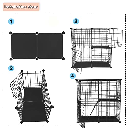 DIY Cat Cage,Pet Playpen Indoor, Detachable Metal Wire Small Animal Cages, 2-Tier Crate Large Exercise Place, Kitten Enclosures with 2 Door, 29.5 x 15.3 x 28.7 Inch, Black