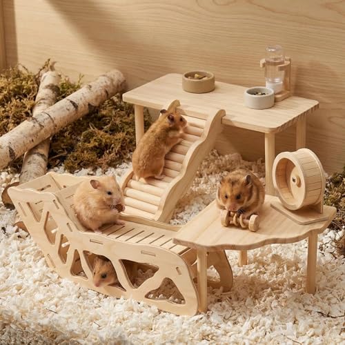 4 Pcs Hamster Platform Wooden Tunnel Ladder Hidden Play House Hamster Game Climbing Toy with Platform, Decor Toy cage Accessories for Dwarf Syrian Mice Degus Gerbils Squirrel and Other Small Pets - color: 4 Pcs