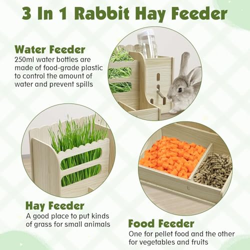 Hamiledyi Rabbit Hay Feeder Guinea Pig Food Holder Bunny Wooden Food Bin Feeder with Water Bottle Small Animals Hay Manger Wood Food Bowls for Guinea Pigs Rabbits Chinchillas Bunnies