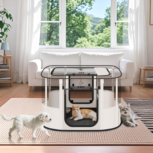 Dog Playpen with Waterproof pad,Portable Pet Crate Kennel Tent,Cat Cages Indoor Breathable Mesh Collapsible Dog Crates Playpen for Dogs Cat and Rabbit Travel Indoor & Outdoor(Large, Beige) - color: Beige, style: Large（35.4"L x 27.6"W x 23.6"H）