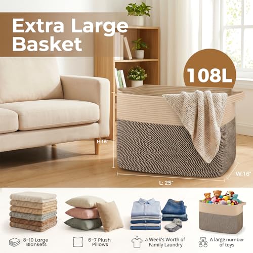 OIASKET 108L Cotton Rope Storage Basket for Living Room and Bedroom 25"x16"x16" Woven Laundry Basket, Heavy Duty Bin for Blankets, Pillows & Toys, Pet-Safe & Scratch-Free, Brown and Black - color: Brown & Black