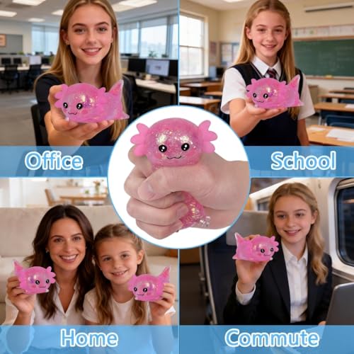 3.94 in Pink Glitter Crawling Axolotl Squishy Slow Rising | Soft TPR, Floating Glitter, squeeze toy, busy hands, stress relief, focus support, home, class, travel, kids and adults - color: Pink