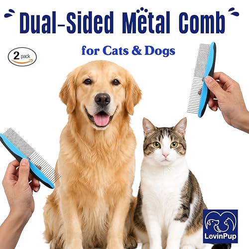 Pet Metal Comb for Dogs and Cats (2-Pack) – Detangling Comb | Stainless Steel Rounded Teeth for Painless Detangling – Dual-Spacing w/Comfort Grip Handle – Professional Grooming Tools - size: Comb