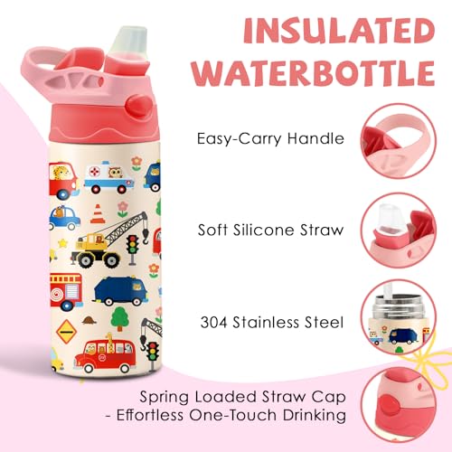 Car 12 oz Water Bottle with Straw – Kids Stainless Steel Vacuum Insulated Cup, Leakproof Pop-Up Spout, Reusable Travel Mug for Boys and Girls Outdoor Sports - color: Car2