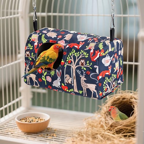 Bird Nest House Cage Hanging Hammock Shed Hut Hideaway Small Size | Snuggle Bird Cage Hanging Nest Tent Forest Animals Pattern Hideaway Bird Hut for Parakeet Cockatiel Conure Finches Love Birds - style: S