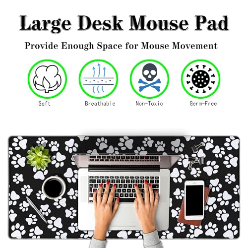 Keyboard Mousepad Black White, Big Mouse Pad Office Desk Pad Non-Slip Rubber Base Waterproof with Stitched Edges, 35.4" X 15.7" for Work/Game/Office/Home Dog Paw. Cat Footprint Dog Paw - color: Dog Paw.Cat Footprint