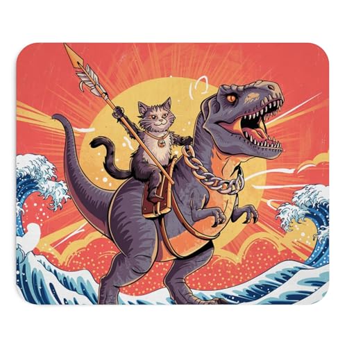 Mousepad Warrior Cat Riding Dinosaur with Spear Epic Fantasy Creature Battle Scene Unique Funny Desk Accessory Colorful Computer Mouse pad Novelty Gaming Mouse Mat Cool Office Decoration Retro - color: Warrior Cat