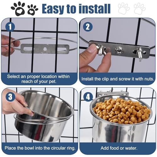 Dog Crate Water Bowl No Spill, 2 Pack Stainless Steel Large Dog Bowls, Hanging Dogs Kennel Water and Food Bowls for Crate Cage，Metal Feeder Dish Coop Cup for Medium Large Dogs Pets