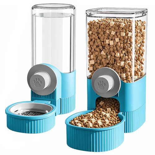 Automatic Rabbit Feeder and Water Dispenser Set,40oz Gravity Food Feeder&17oz Leak-Proof Water Bottle for Guinea Pigs,Hamsters,Chinchillas,Ferrets, Small Animals,Cage Mount Feeding Station Blue