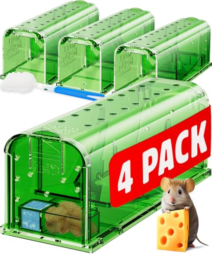 Motel Mouse Humane No Kill Mouse Traps Live Catch & Release - 4 Pack | Water & Food Compartment • Additional Air Holes • Tail Protection • Motel Mouse's Most Humane Solution • Reusable - color: Regular Green