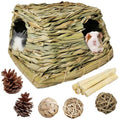 PINVNBY Guinea Pig Grass House Bunny Hay Hideout Tunnel Small Pet Straw Hut with Chew Toys for Bunny Hamster Rat Chinchilla Hedgehog Gerbil (Ball at Random)