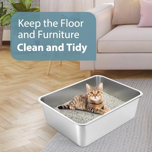 WENBOKMIN Stainless Steel Litter Box - Cat Litter Box Easy to Clean, Never Absorbs Odor, Stains, or Rusts - Silver (17.7" L x 13.5" W x 6" H) - size: 17.7" L x 13.5" W x 6" H