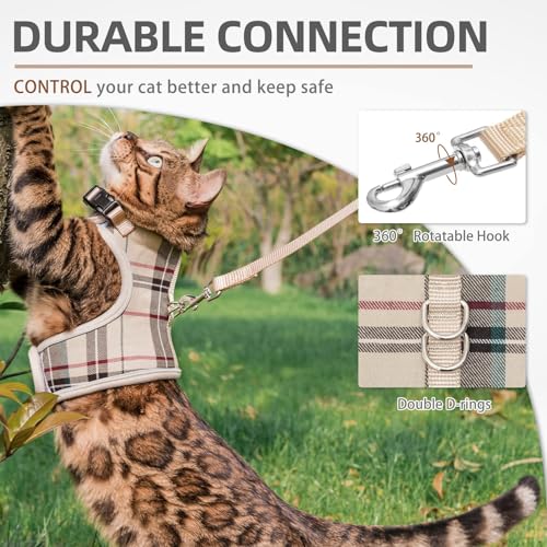 PUPTECK Soft Mesh Cat Vest Harness and Leash Set Puppy Padded Pet Harnesses Escape Proof for Cats Small Dogs Rabbits Bunny, Plaid Beige, M - color: Beige(Plaid), size: M(NECK 7", CHEST 10.5", 4-6 lbs)