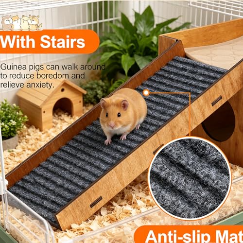 Large Sturdy Bunny House, Guinea Pig Rabbit Hideout Castle | Small Animal House Bed Hut Habitats with Stairs, Sturdy Wooden Guinea Pig Hideout for Hamsters Bunny Chinchillas Hiding - color: Brown