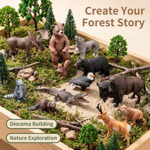 12PCS Solid North American Woodland Forest Animal Figurines Set | Realistic Wildlife Animal Toys, Educational Learning Playset, Birthday Party Favor Cake Topper Gifts for Toddlers Kids 3-13