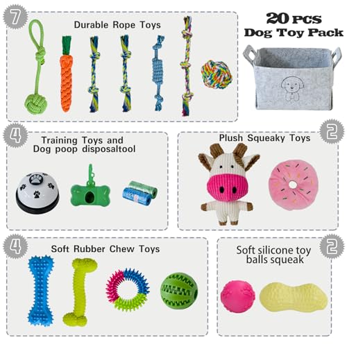 MRSOHRET 20Pcs Puppy Chew Toys for Teething, Dog Chew Toys with Rope Toy, Pet Dog Toothbrush, Treat Balls, Plush Toys and Squeaky Toys for Small Medium Dogs with Basket to Keep Them Busy - color: 20 Pack