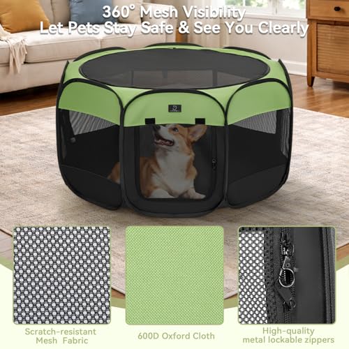 Dog Playpen for Small Dogs & Puppies, 29.92" Portable Indoor Outdoor Puppy Playpen with Bowl, Waterproof Floor, Foldable Pop-Up Pet Pen for Home, Travel & Daily Use, Green+Black - color: Green+Black, size: S(29.92"x29.92"x16.5")