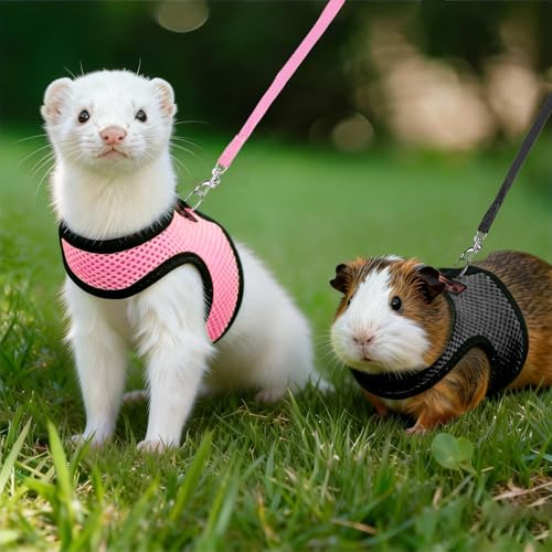 2pcs Animal Harness and Leash, Ferret Harness No Pull Mesh Black Pink,S | Soft Mesh Comfort, Bell for Outdoor Walks, Velcro Easy-On Fit, 4.4 ft Leash, for Baby Ferrets, Rats and Guinea Pigs - color: black+pink, size: Small (Pack of 2)