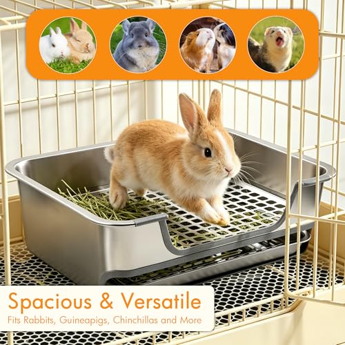 MCEAST Extra Large Stainless Steel Rabbit Litter Box, Pull-Out Bunny Potty Pan with Metal Grid, Rabbit Cage Bathroom Set Includes Pee Pads Cleaning Set for Small Animals (17.7" x 13.8" x 5.9")