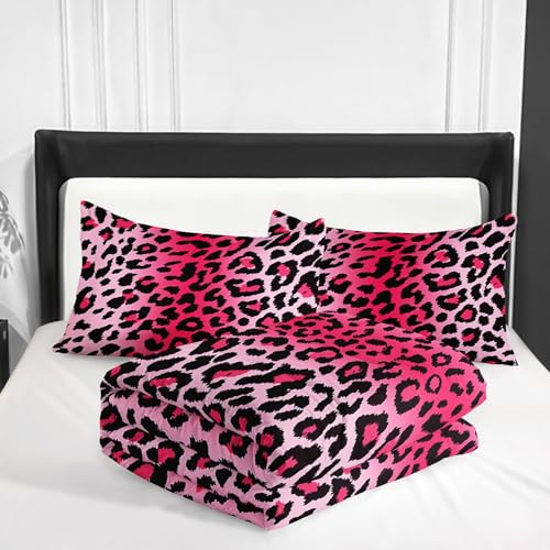 Nttopship Pink Leopard Print Comforter Bedding Set with 2 Pillowcase King Size Cheetah Painting Comforter Set for Kids Boys Girls Bedroom Decor - color: Pink Leopard, size: King