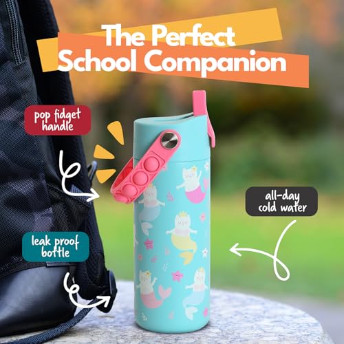 Elemental Insulated Kids Water Bottle, Stainless Steel Water Bottle with Straw Lid & Pop-It Handle, Leak-Proof Water Bottles for School, Boys or Girls, Travelling and Sports, 18oz - Meowmaid - color: Meowmaid