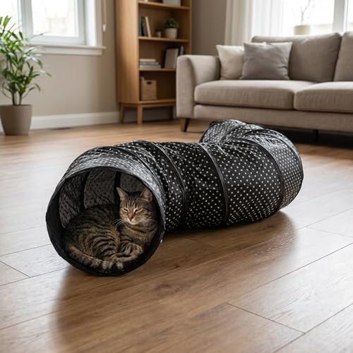 Cat Tunnel Collapsible, More Interactive Indoor Play Toy Tube for Cats & Kittens with Hanging Ball and Peekaboo Holes(S) - size: S